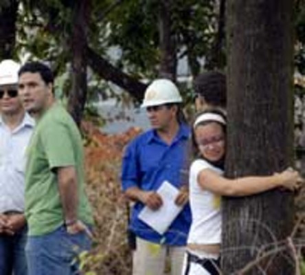 Foto que ficou conhecida pela imprensa de moradores impedindo o corte das árvores (Foto: Elisa Elsie)