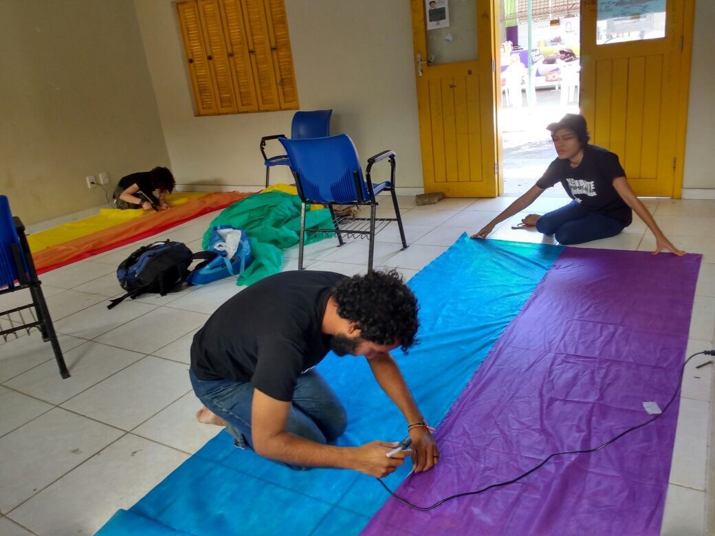 Estudantes montando a bandeira (Foto: Facebook)